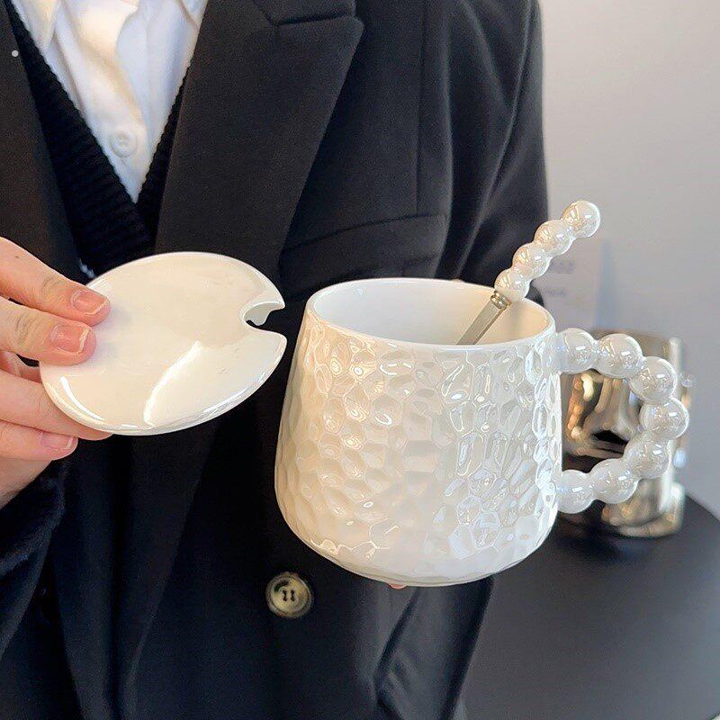 珍珠陶瓷马克杯带盖子勺子精致女生手柄咖啡杯高颜值办公室喝水杯