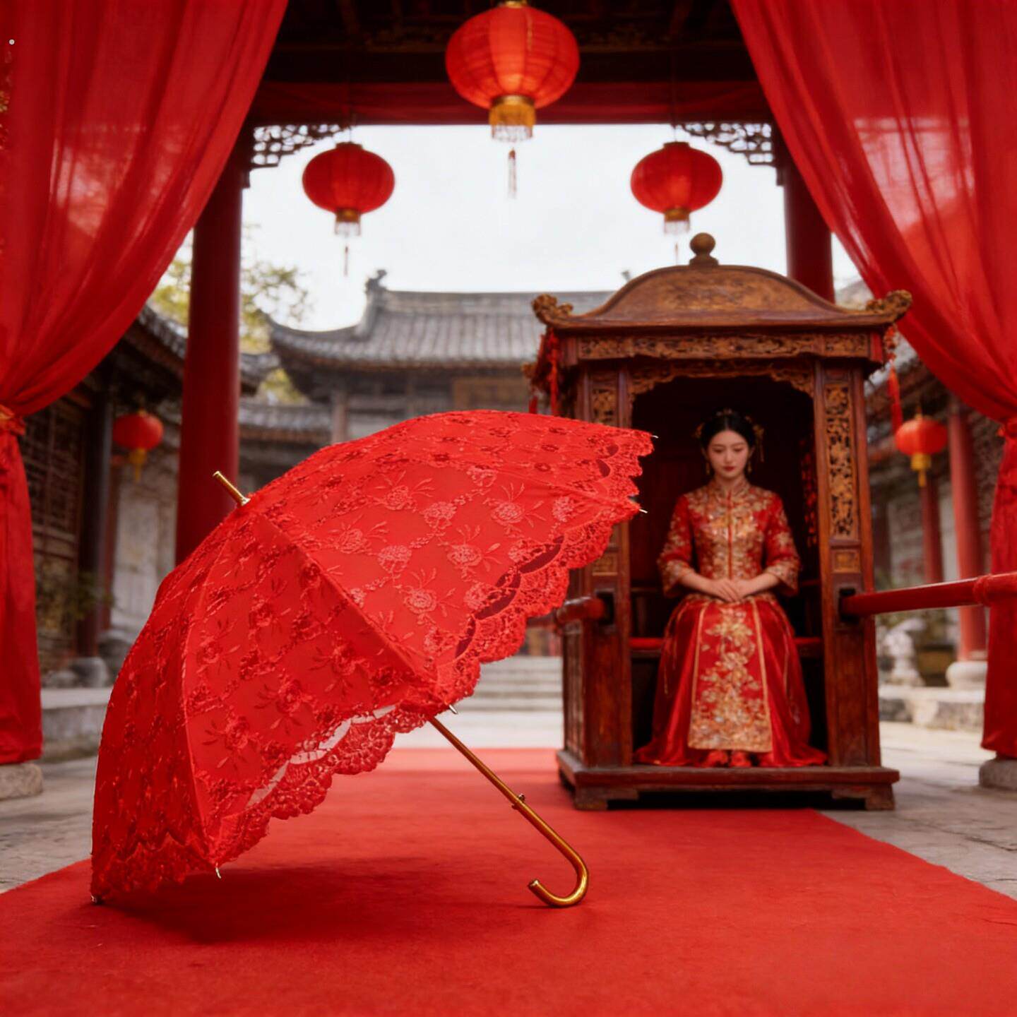 结婚红伞婚伞新娘伞红色出嫁伞婚庆用中式婚礼陪嫁出门雨伞流苏伞