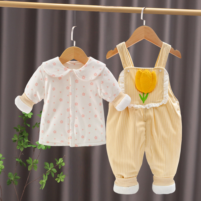 宝宝薄棉衣抱婴袋裤套装婴儿秋冬双层夹棉衣服小孩保暖连身裤两件