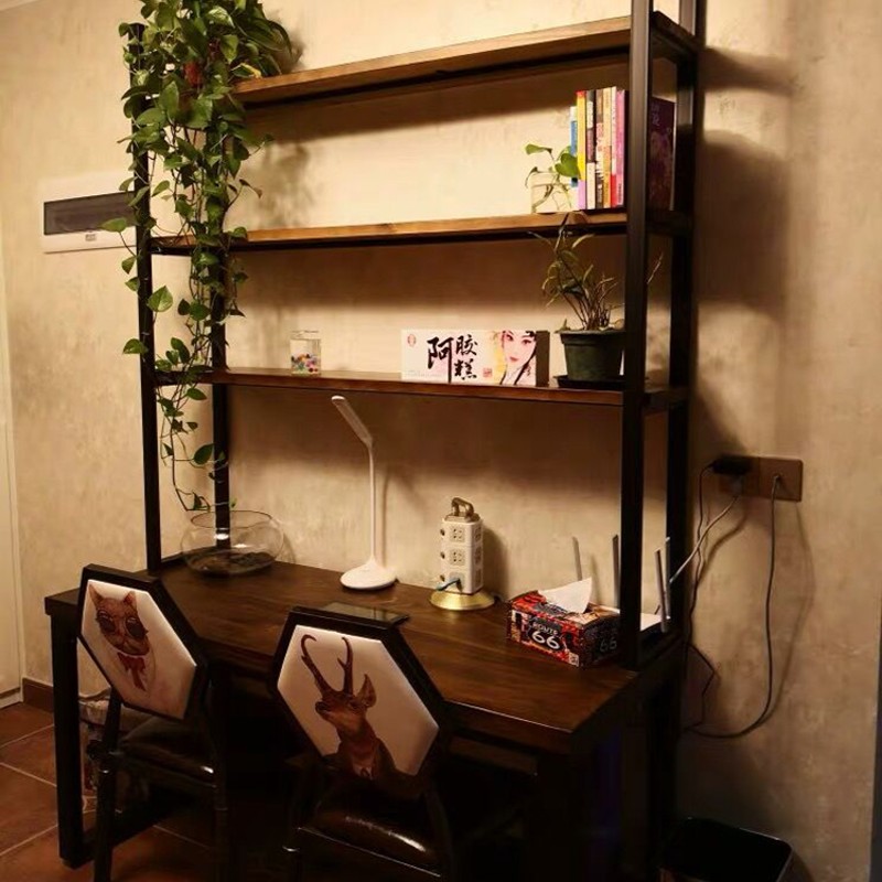 loft实木书桌书架组合家用免钉铁艺工业风双人电脑桌学习桌写字台