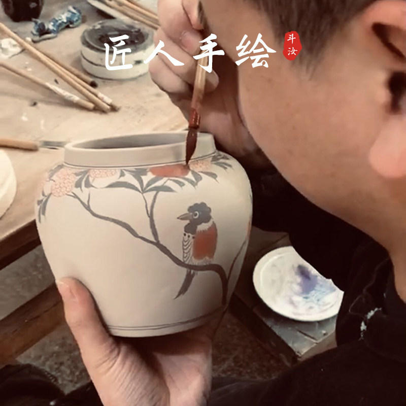 景德镇纯手工手绘复古青花中式茶叶罐仿古花鸟陶瓷储物醒茶罐小号
