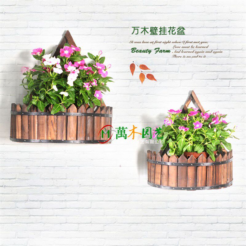 尖头栅栏花盆壁挂多肉花槽挂盆吊盆碳化木防腐木花箱吊篮阳台花架