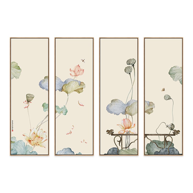 玄关禅意墙画竖新中式沙发背景墙四联挂画客厅荷花装饰画茶室壁画