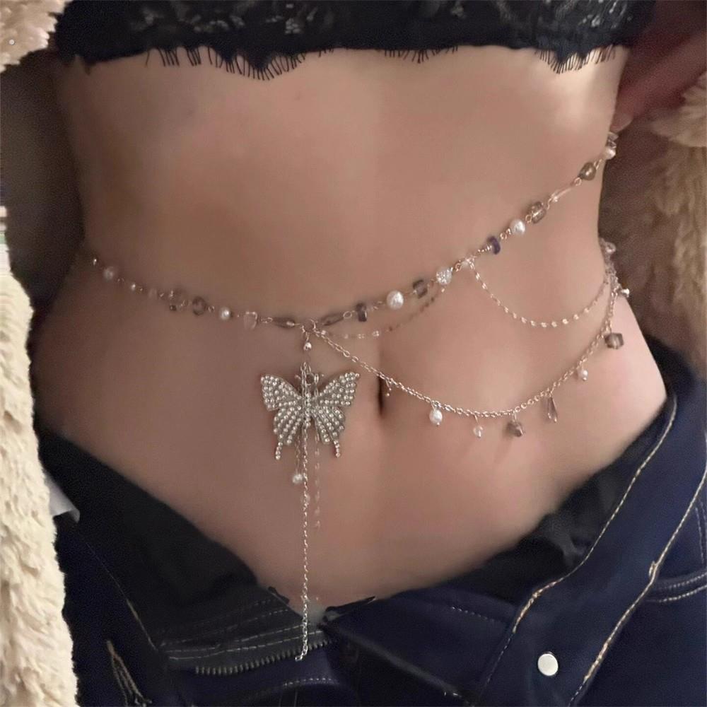 纯欲风蝴蝶流苏腰链女串珠设计感珍珠项链双层叠戴锁骨链