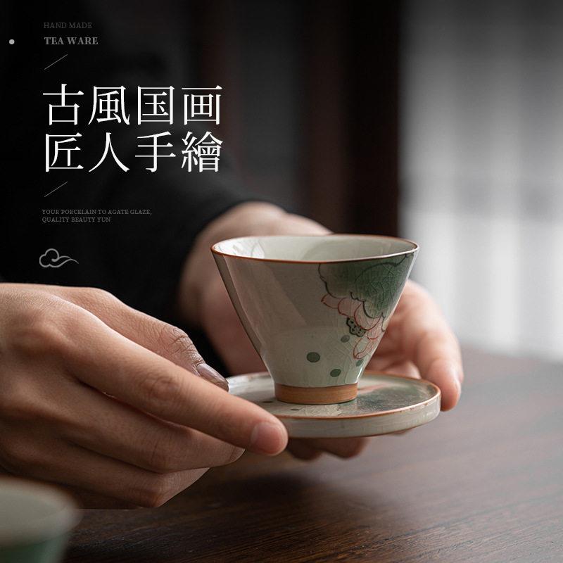 手绘复古哥窑功夫茶具盖碗茶杯不烫手泡茶三才碗家用