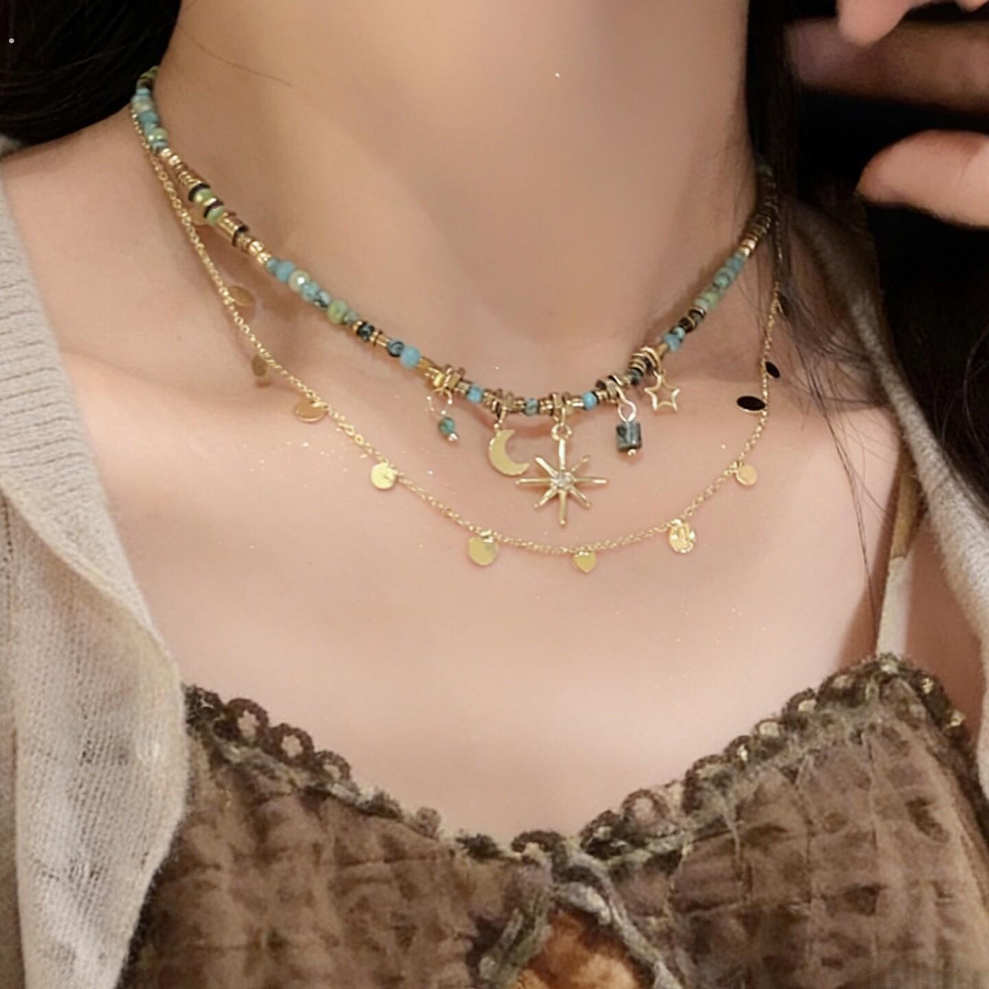 波西米亚风复古串珠向日葵叠戴项链女款轻奢小众高级感锁骨链配饰