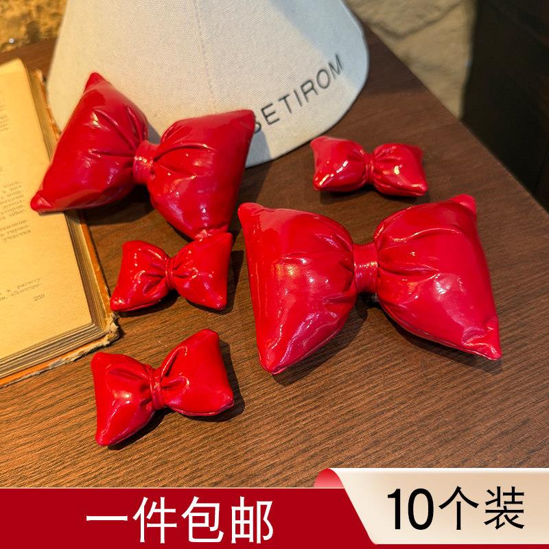 红色皮质蝴蝶结蛋糕装饰摆件10个装新年情人节高级感韩版配件