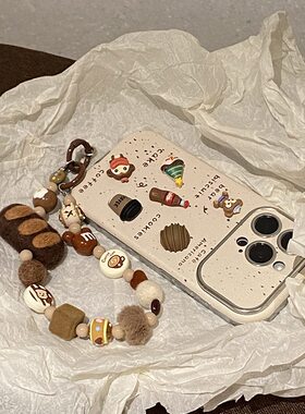 甄选美式复古咖色系秋冬面包手机链挂绳包挂件M豆卡通图案ccd钥匙