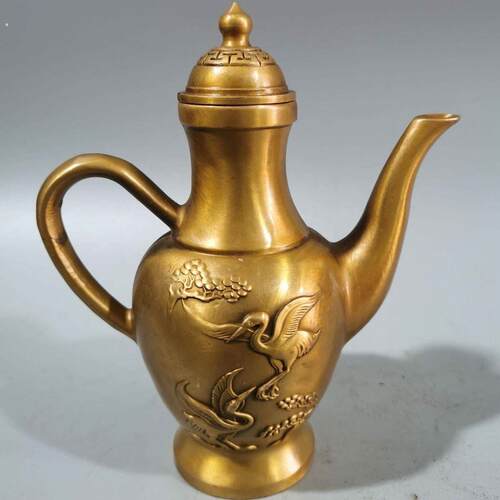 古玩铜器收藏仙鹤壶摆件黄铜做旧铜水壶铜酒壶装饰工艺品摆设