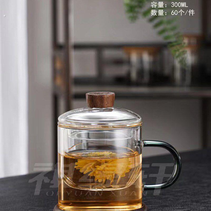 加厚耐高温玻璃杯三件套杯泡茶杯办公杯水杯防烫杯带内胆过滤杯新