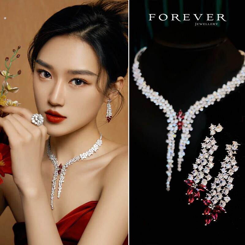 轻奢系列红绿蓝宝石项炼礼服配饰新娘结婚纱锁骨炼耳环两件式套装