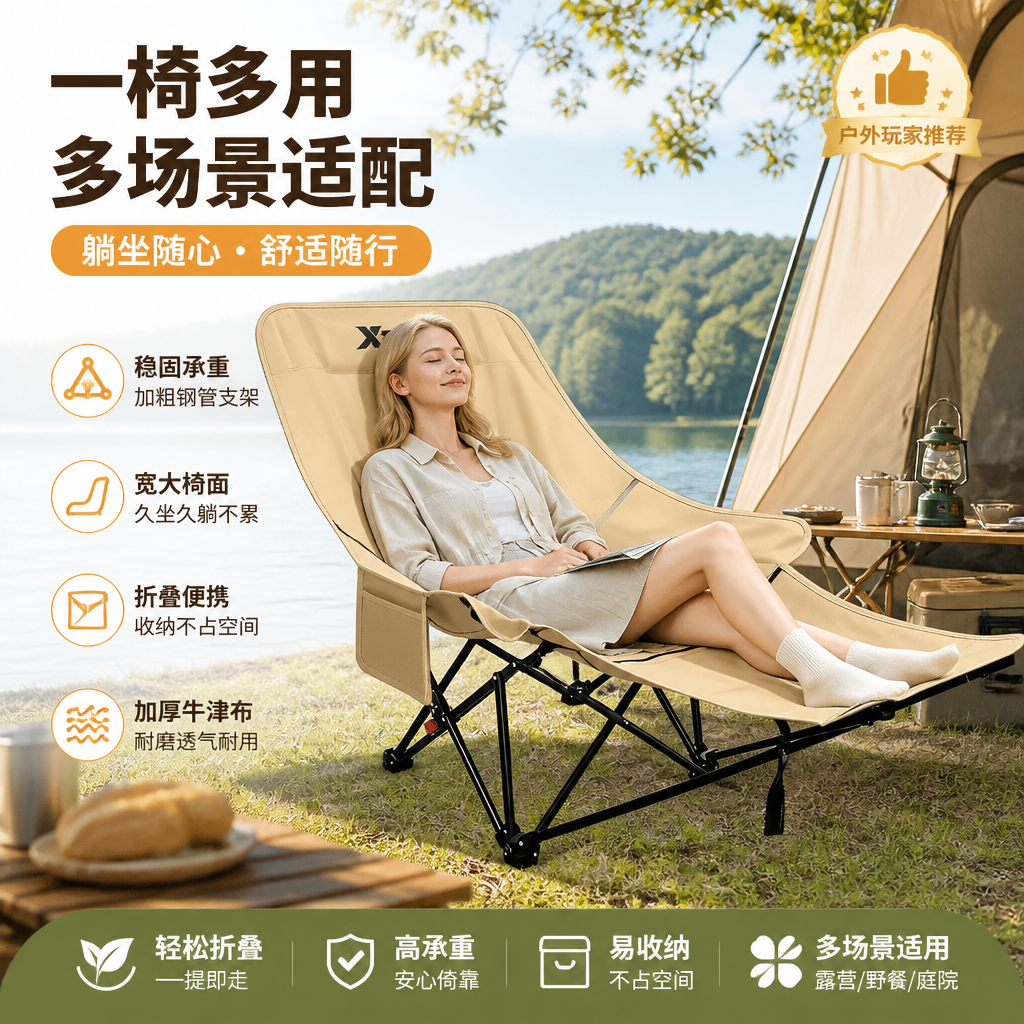 特步户外露营月亮椅便携式钓鱼装备沙滩休闲露营椅躺椅凳折叠椅子