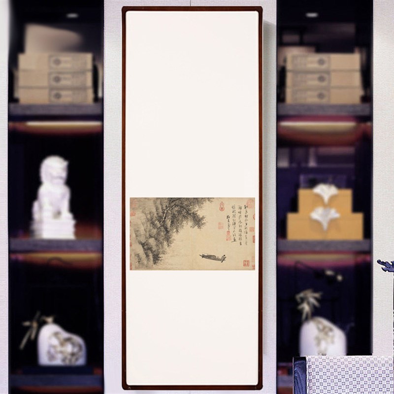 新中式实木装裱客厅走廊禅意留白装饰画芦滩钓艇图实木装裱画礼品