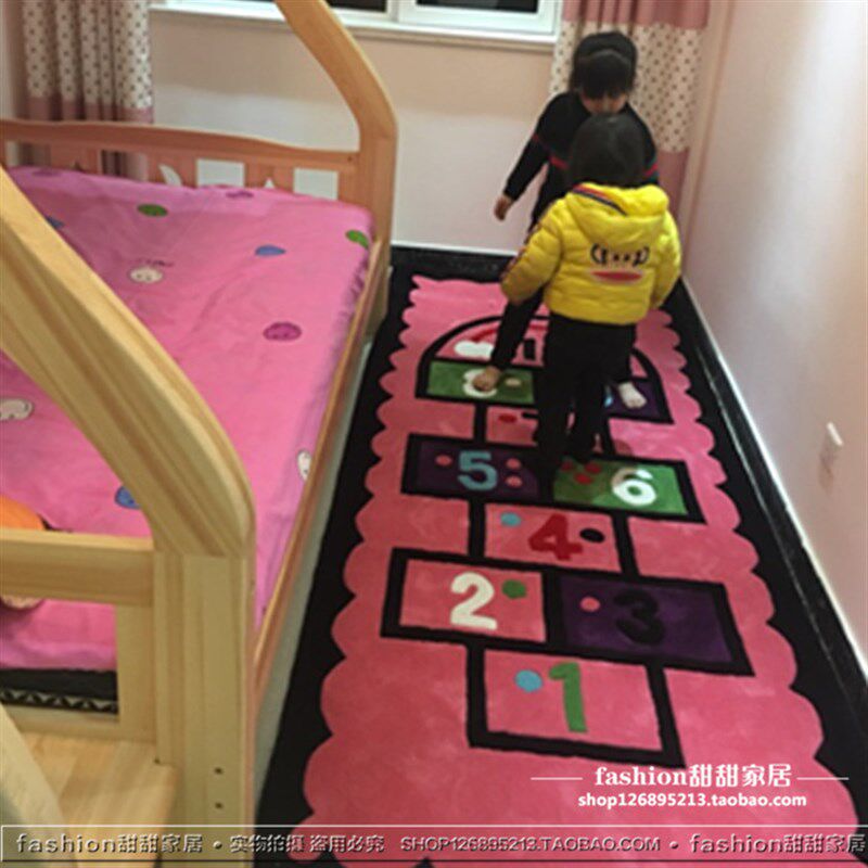 卡通跳格子儿童粉色地毯卧室床边飘窗女孩幼儿园数字榻榻米样板间