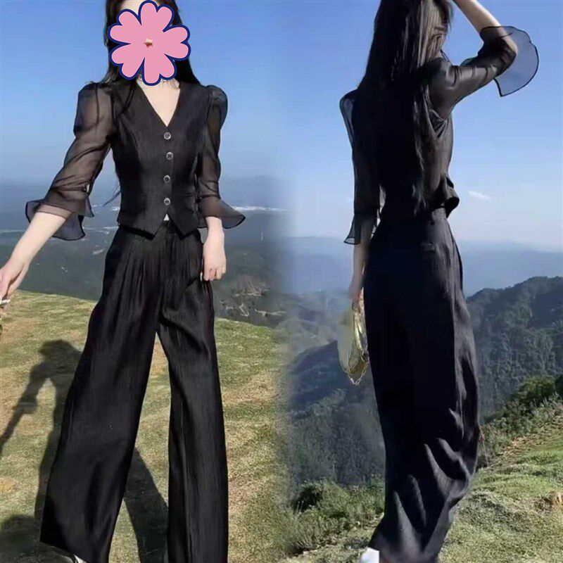 高端大气时髦时尚套装2024年夏季新款V字领喇叭袖修身上衣+阔腿裤