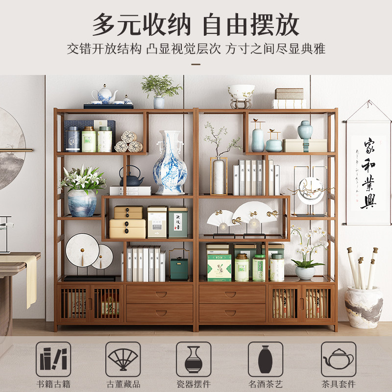 楠竹靠墙博古架客厅隔断展示柜新中式茶室置物架电视旁轻奢收纳架
