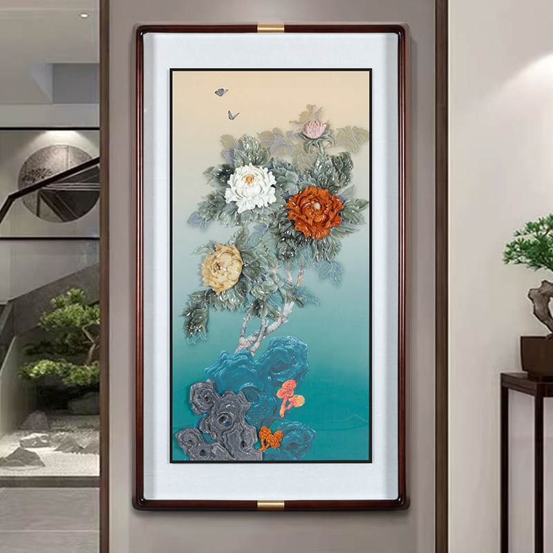 新中式玄关背景墙装饰画高档入户走廊过道挂画简约大气立体玉雕画