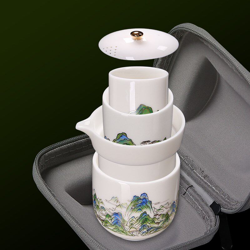 徐建勇 青绿江山茶壶羊脂玉陶瓷旅行茶具盖碗便携式户外茶具带包