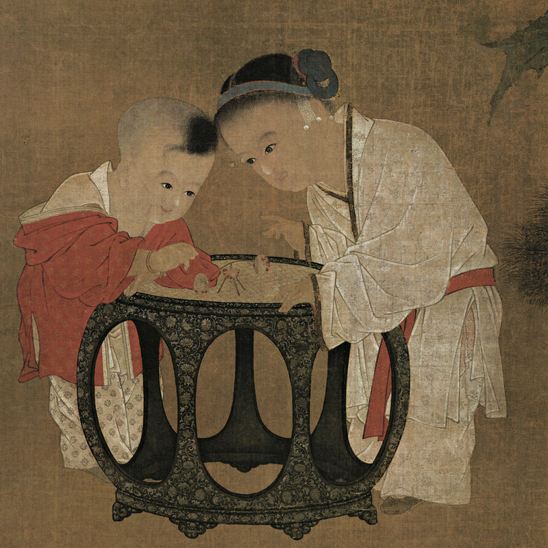宋 苏汉臣 秋庭戏婴图竖轴挂画客厅玄关装饰画高清微喷复制人物画