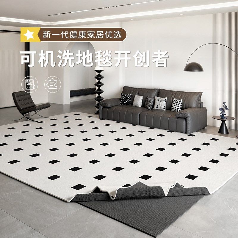 可拆洗地毯客厅2024新款法式轻奢高级黑白格子可机洗卧室沙发地垫