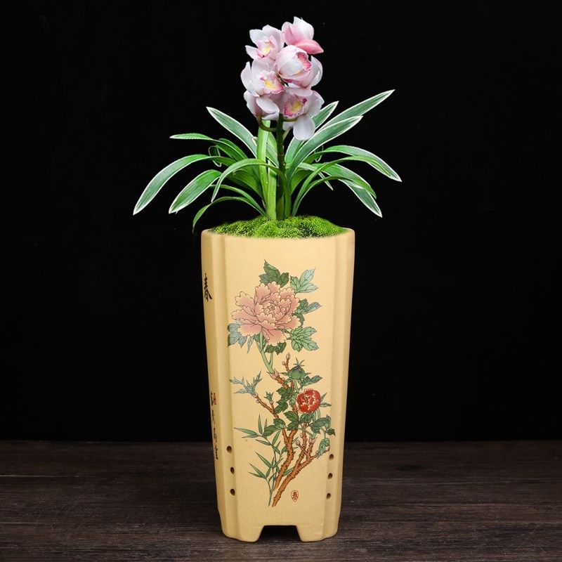 紫砂兰花盆专用盆精品四方贴画文竹悬崖蝴蝶兰桌面黄杨盆景盆包邮