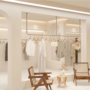 服装店不锈钢拉丝吊架挂衣杆展示架简约女装店橱窗吊顶悬挂陈列架