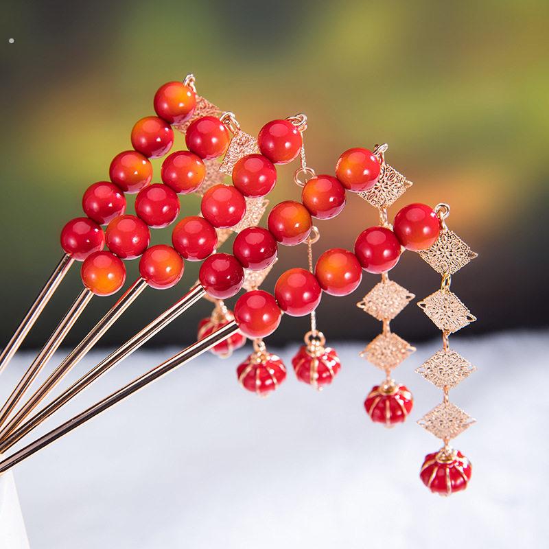 长款流苏糖葫芦发簪过年喜庆红色汉服发饰中国风簪子双截棍古风