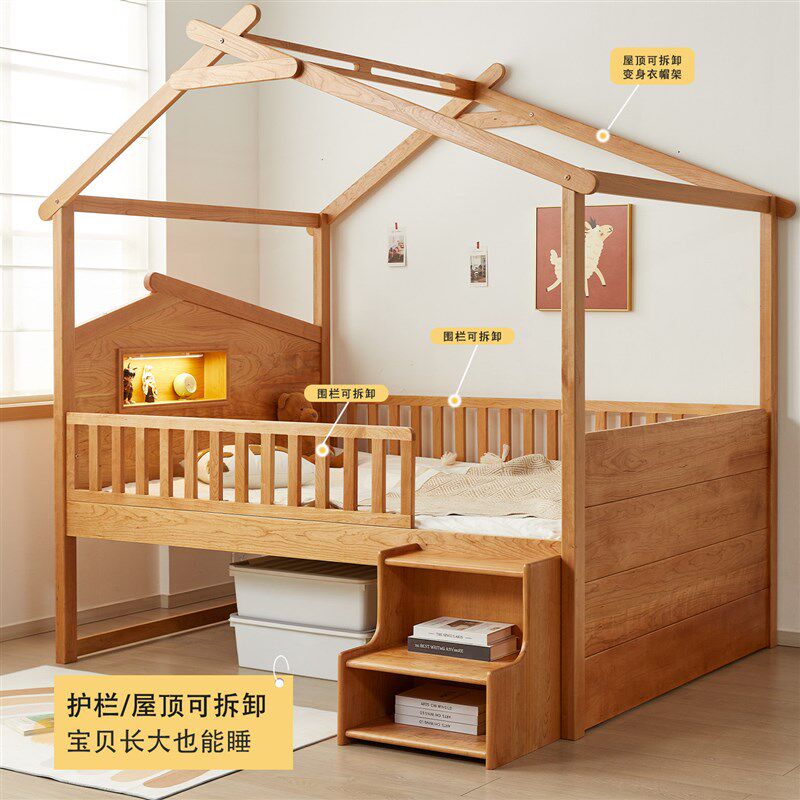 儿童床纯实木树屋床原木无漆蒙氏儿童床护栏带灯光收纳抽屉儿童床
