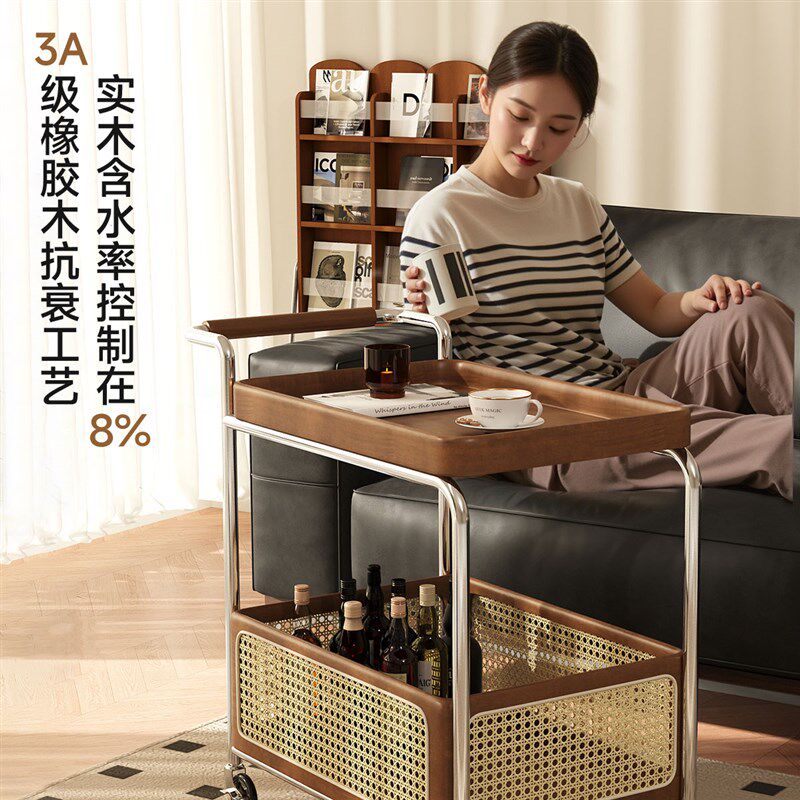 沙发边几可移动茶几客厅家用小推车中古实木小桌子收纳置物架餐车