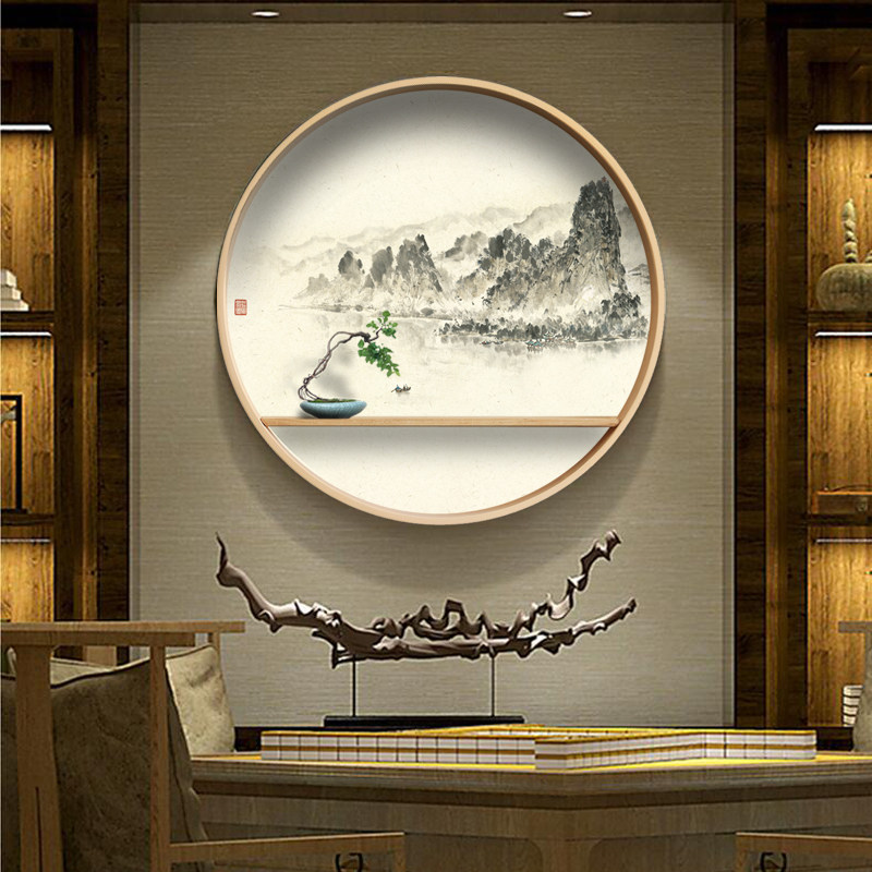 圆形日式装饰画玄关茶室装饰新中式山水挂件客厅背景墙禅意置物架