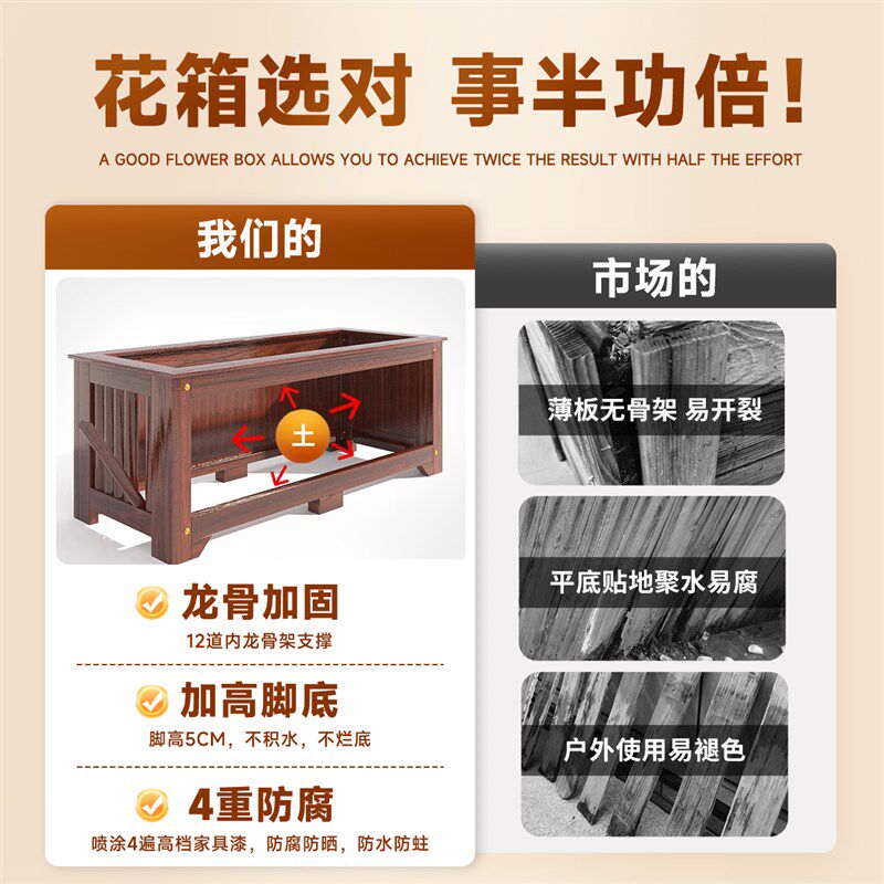 户外花箱防腐木庭院种植箱家用阳台庭院楼顶种菜箱花槽长方形花盆