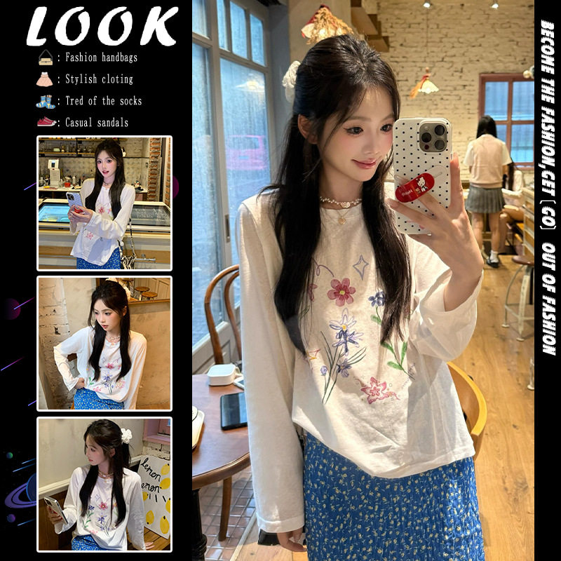 韩系花朵印花正肩长袖t恤女夏季薄款微透防晒罩衫宽松休闲上衣ins