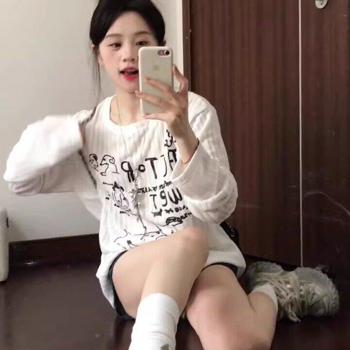 美式慵懒风宽松涂鸦罩衫T恤女春夏薄款白色防晒长袖夏日薄纱上衣