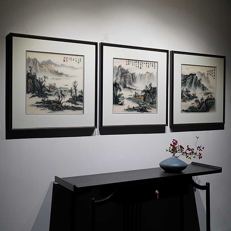 中式苏绣山水斗方沙发背景墙玄关沙发背景墙装饰画中国风实木外框