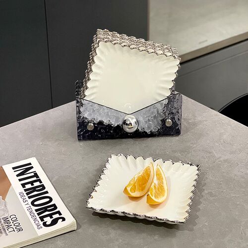 家用轻奢风陶瓷甜品点心碟吐骨碟套装小平碟垃圾渣盘带收纳套装