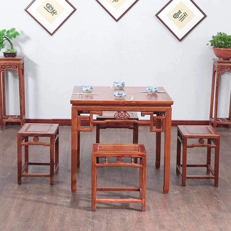 餐桌椅组合正方形仿古八仙桌中式仿古南榆木客厅茶桌饭桌钩子方桌
