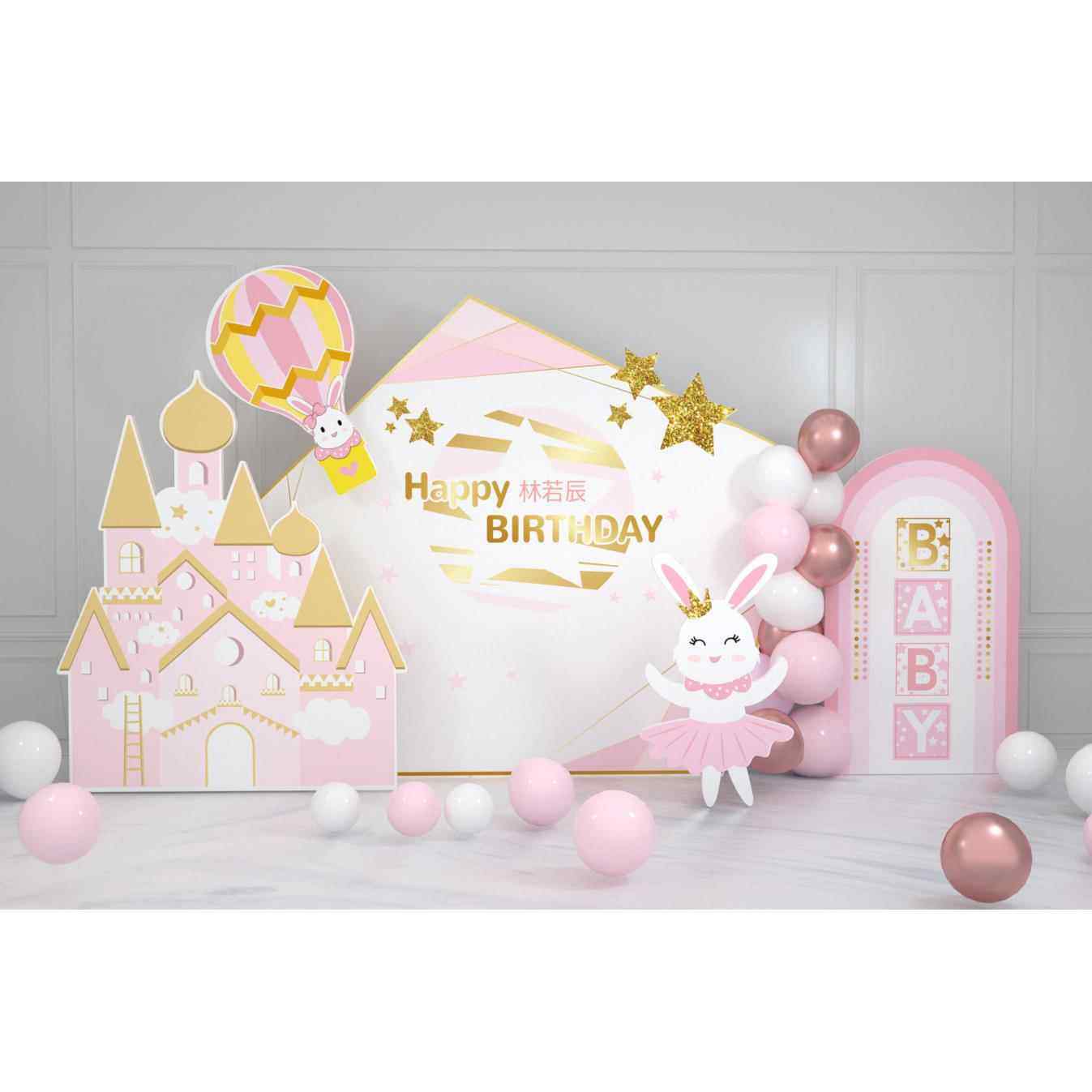 女宝宝生日百天周岁热气球小兔房间布置KT板龙卡板名字定制宝宝宴