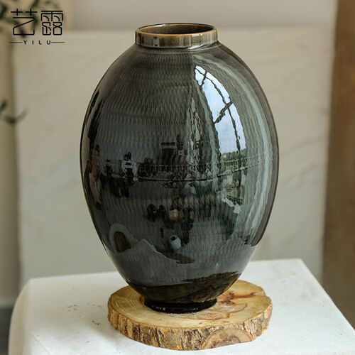 新中式孔雀绿黑月亮罐花瓶轻奢高级感民宿样板间装饰品摆件插花艺