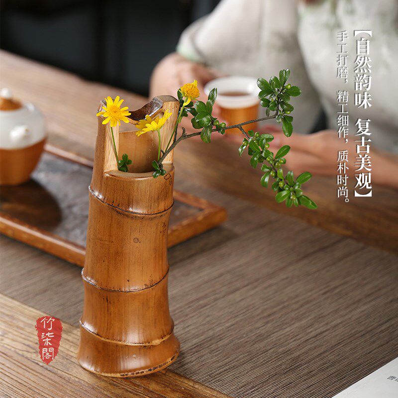 竹柒阁中式手工竹根插花花器禅意水培竹筒竹根花瓶皿花盆茶室摆件