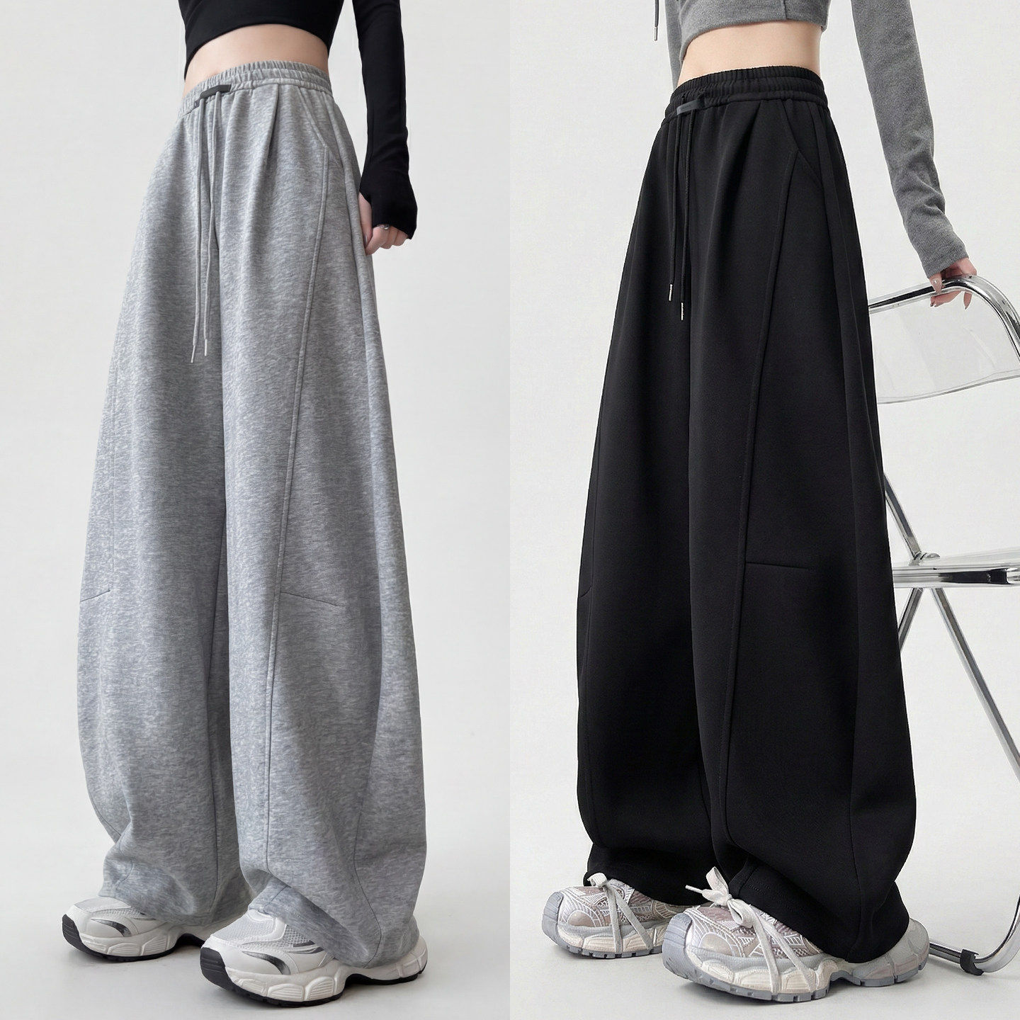 灰色运动裤女2026新款春夏季宽松直筒弯刀卫裤大码胖mm休闲阔腿裤