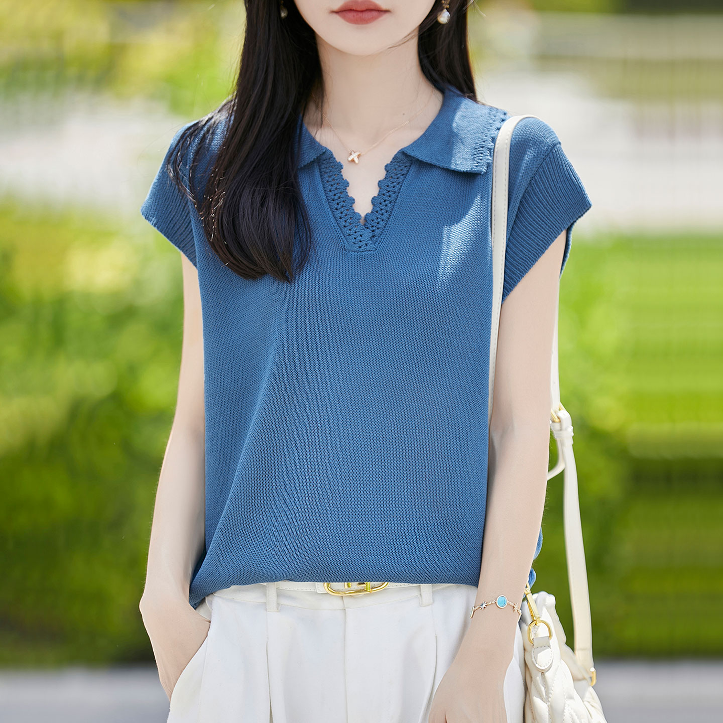 翻领桑蚕丝短袖T恤衫女