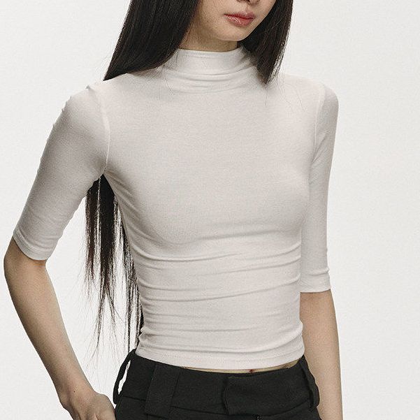 anna aneae中袖黑色t恤女夏季小高领修身内搭单穿针织五分上衣潮