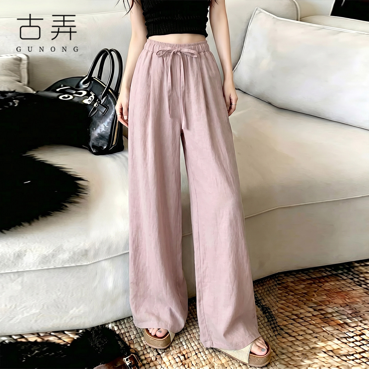 粉红色亚麻弯刀裤子女2026新款夏薄款冰丝宽松棉麻直筒休闲阔腿裤