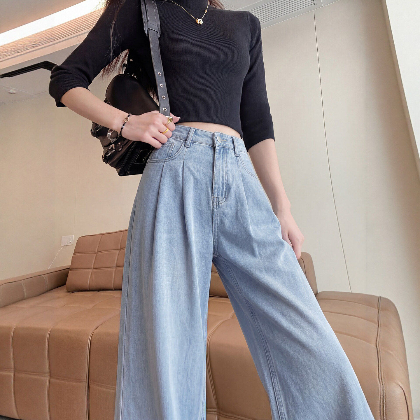 MJ天丝牛仔裤女夏薄款2026新款高腰宽松小个子冰丝直筒阔腿裤子