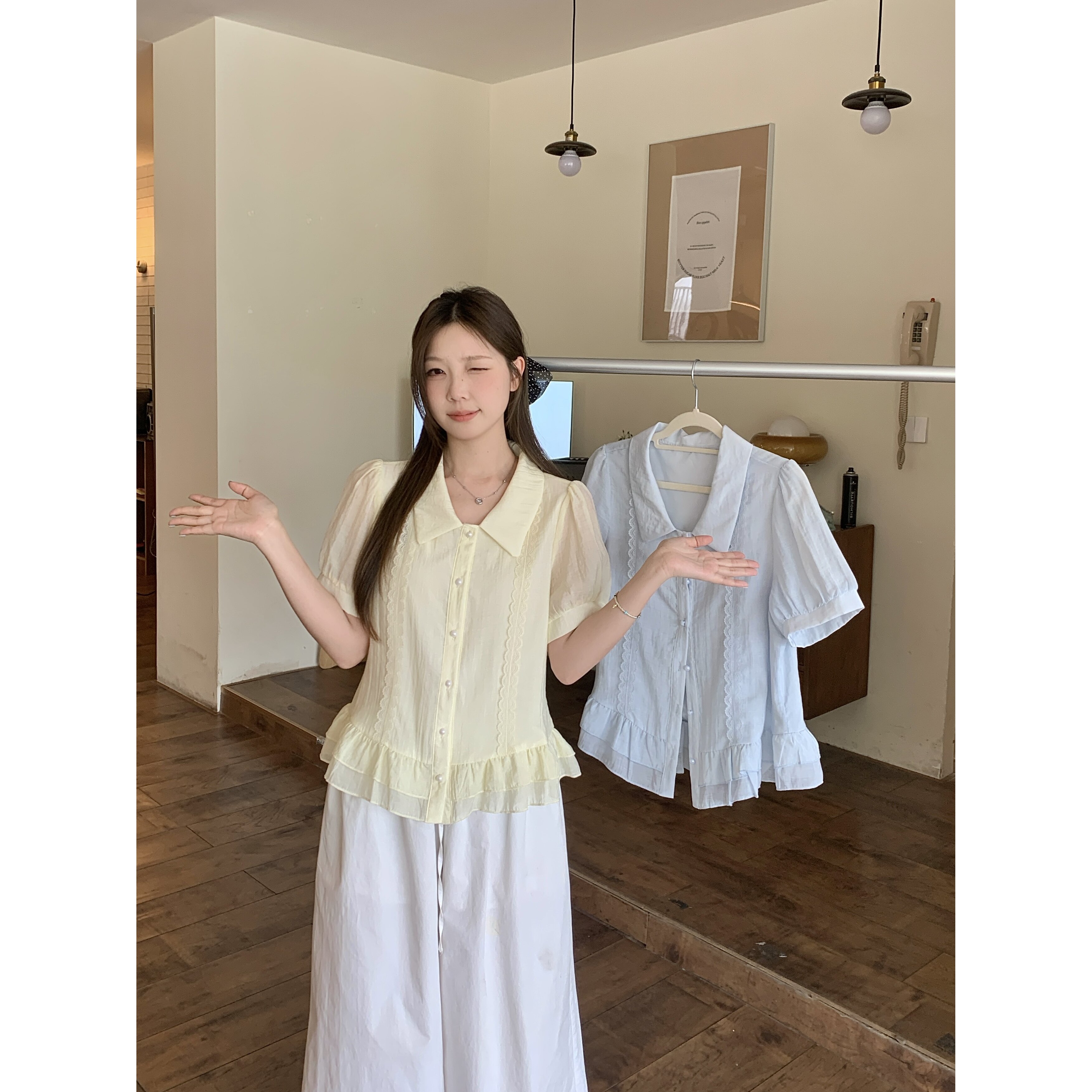大码蓝色泡泡袖短袖衬衫女装夏季气质高级感衬衣胖MM遮肉显瘦上衣