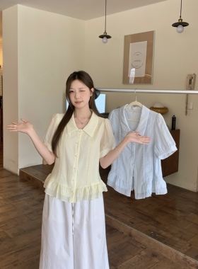 大码蓝色泡泡袖短袖衬衫女装夏季气质高级感衬衣胖MM遮肉显瘦上衣