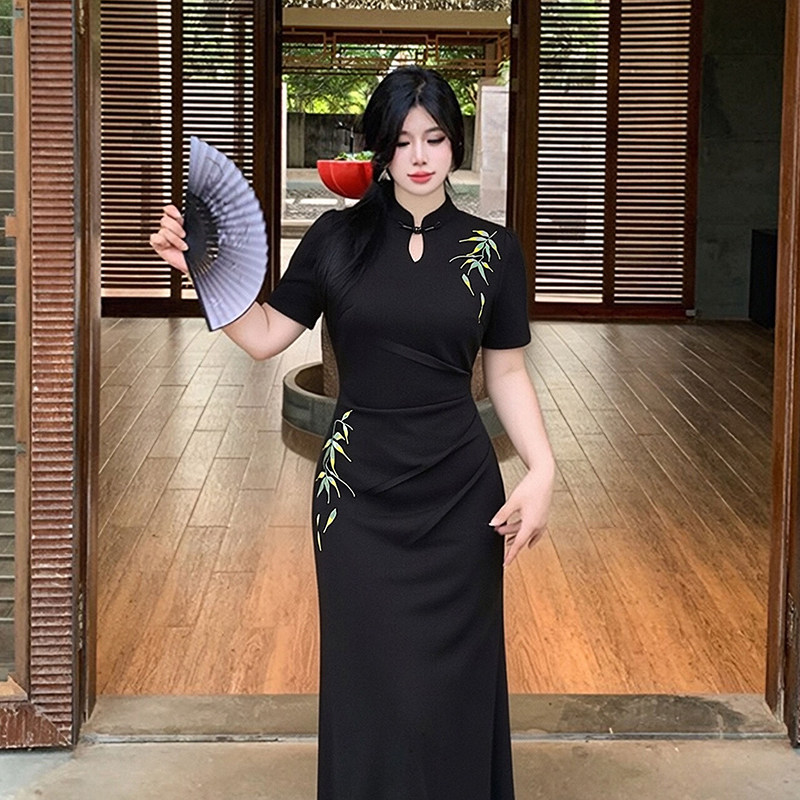 LHMknk1画报夫人原创自制刺绣新中式国风女装旗袍连衣裙 短袖玉竹