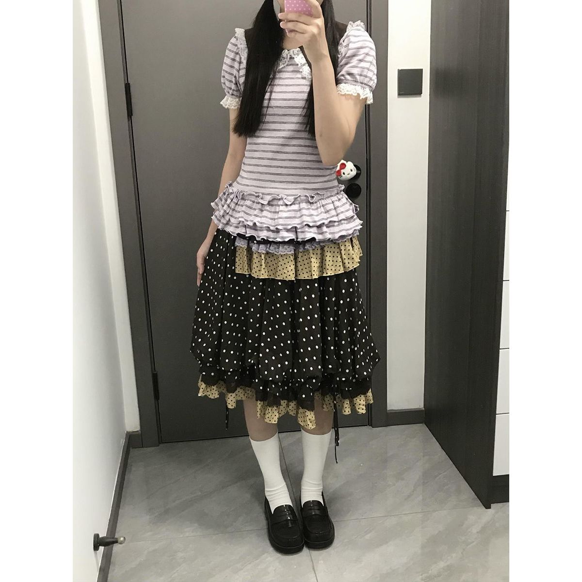 古早味紫色条纹泡泡短袖上衣女夏季2026新款波点蛋糕花苞半裙套装