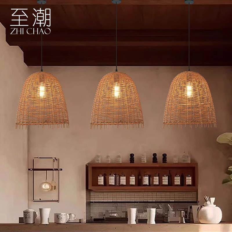 藤编吊灯复古禅意茶室餐厅吧台灯民宿中式田园日式榻榻米餐饮灯具