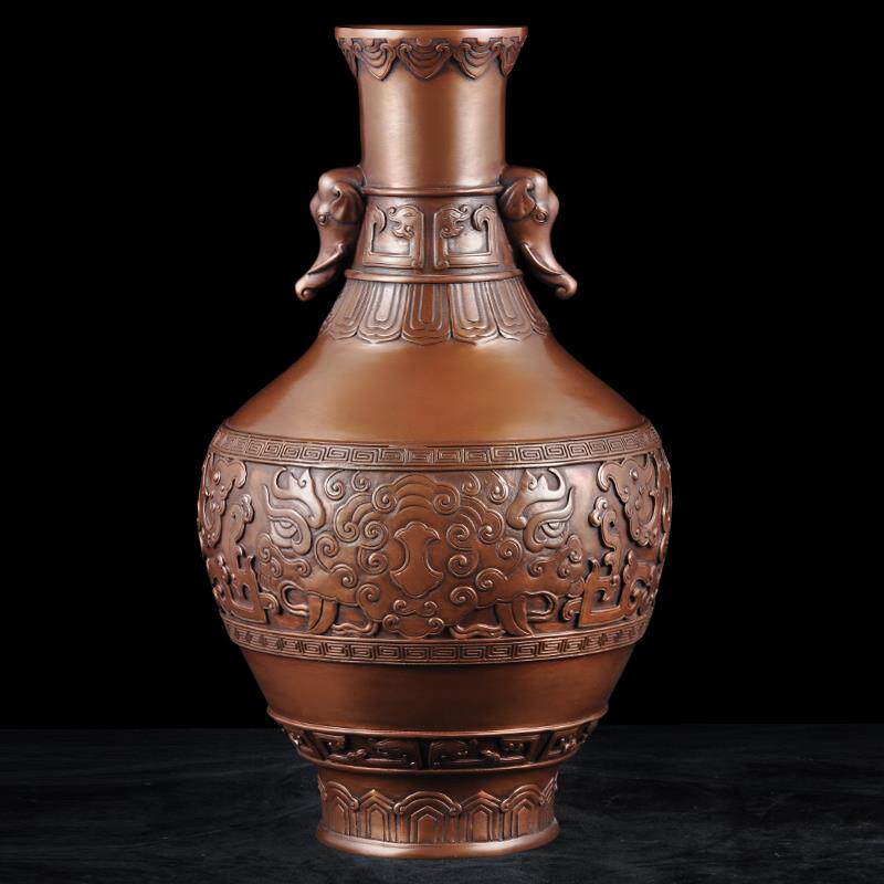 紫铜象首耳龙纹瓶摆件中式铜花瓶插花博古架家居客厅玄关装饰品